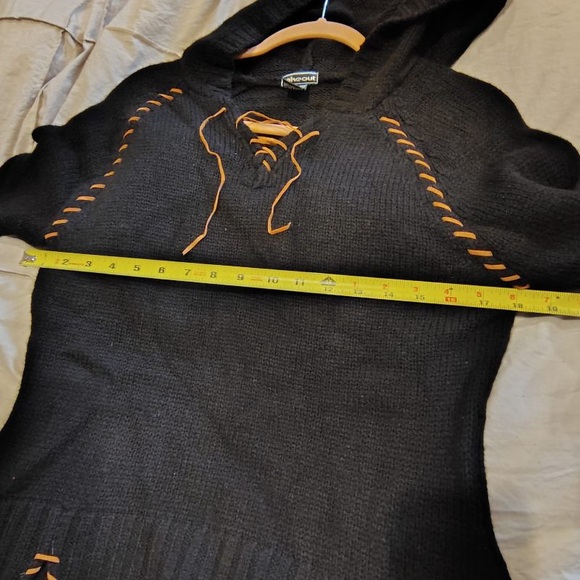 Black Knit Y2K Whipstitch Leather Black Hoodie Sweater Women L Bell Sleeve Boho - Picture 4 of 7